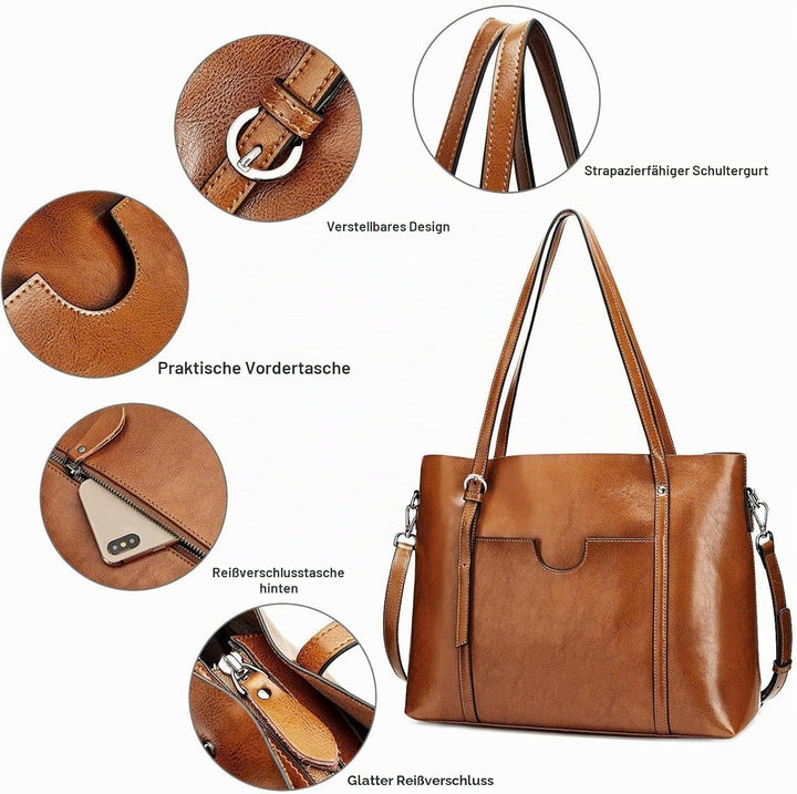 S-ZONE Damen 3-Way Schultertasche Vintage Echtleder Shopper Grosse Mode Laptop Arbeitstasche Umhänge