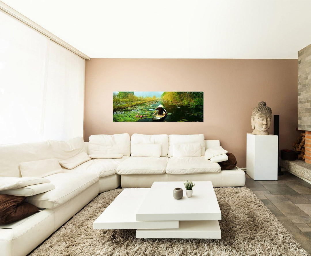 Paul Sinus Art Panoramabild auf Leinwand und Keilrahmen 150x50cm Vietnam Wald Nebel Fluss Seerosen H