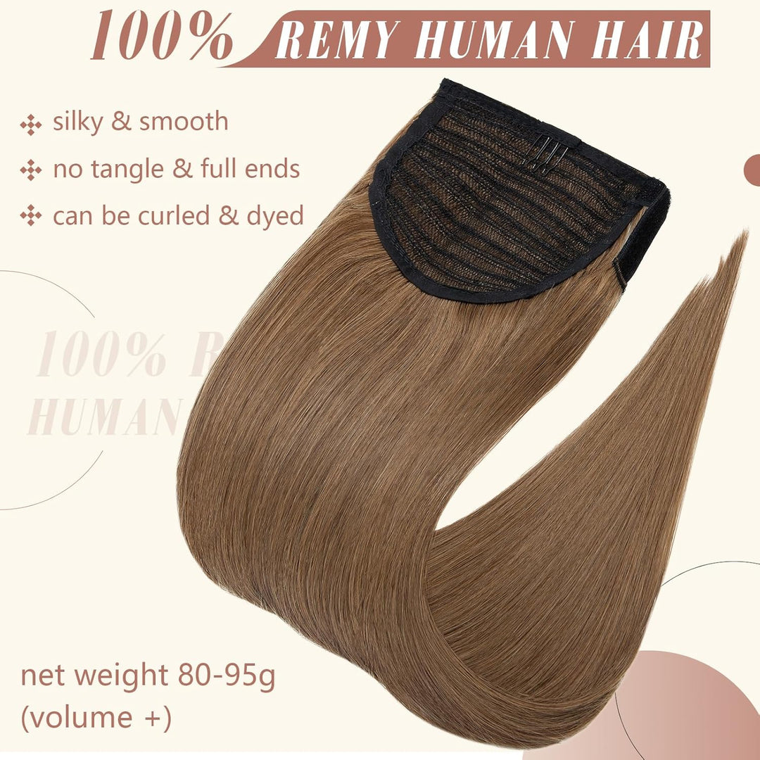 Elailite Ponytail Extension Echthaar #6 Hellbraun, Haarverlängerung Zopf Haarzopf Pferdeschwanz Haar