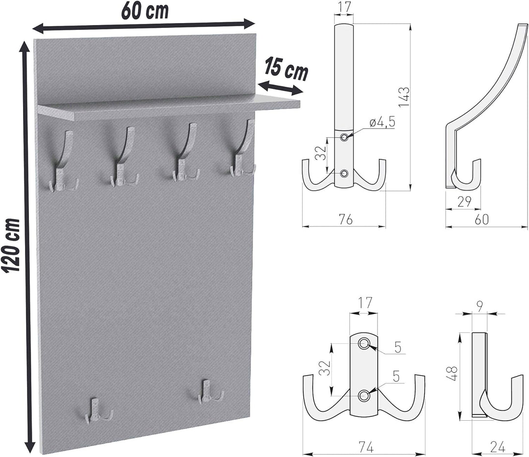AKKE 120x60 | MAXI Garderobenpaneel Wandgarderobe Garderobe Wandpaneel Kleiderstange ALUMINIUM | BUR