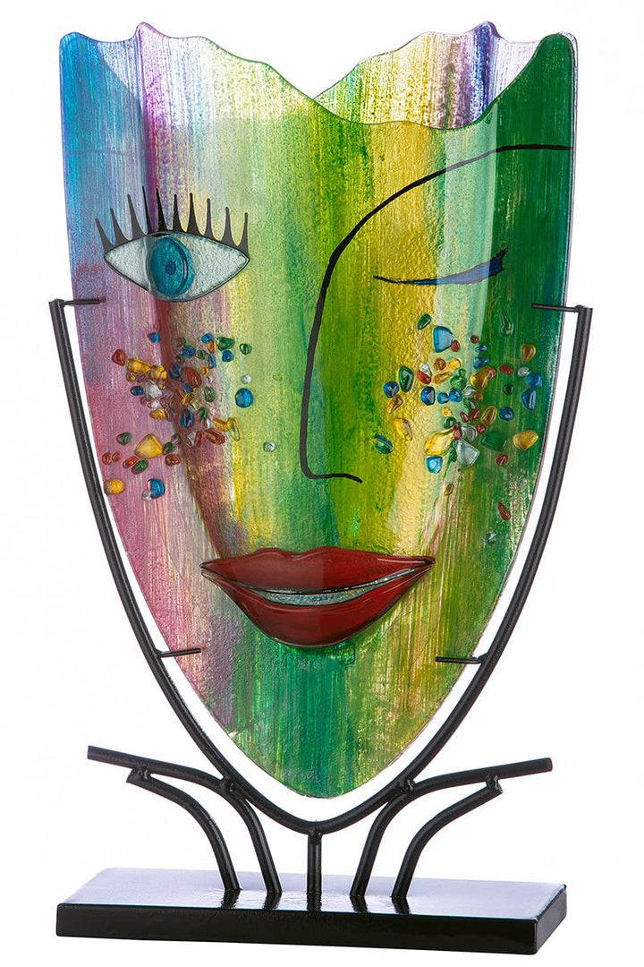Glas Art Vase Dekovase Gesichtsvase aus Metallfuss - Deko Wohnzimmer - Geschenk für Frauen Geburtsta