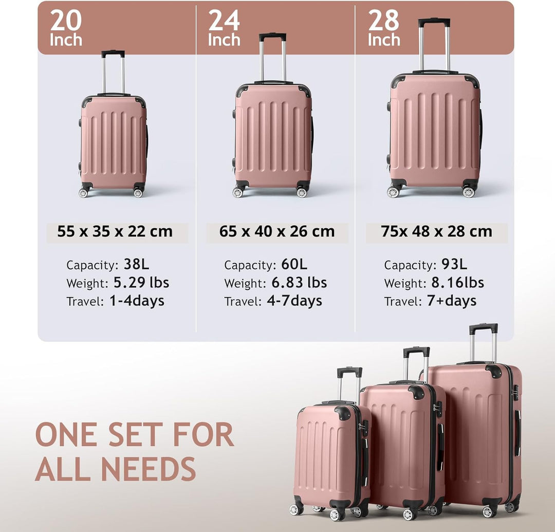 LEADZM Koffer Set 3 Teilig, Reisekoffer Set, Kofferset mit 4 Rollen und Zahlenschloss, Handgepäck, A