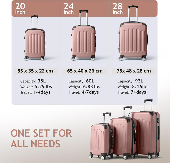 LEADZM Koffer Set 3 Teilig, Reisekoffer Set, Kofferset mit 4 Rollen und Zahlenschloss, Handgepäck, A