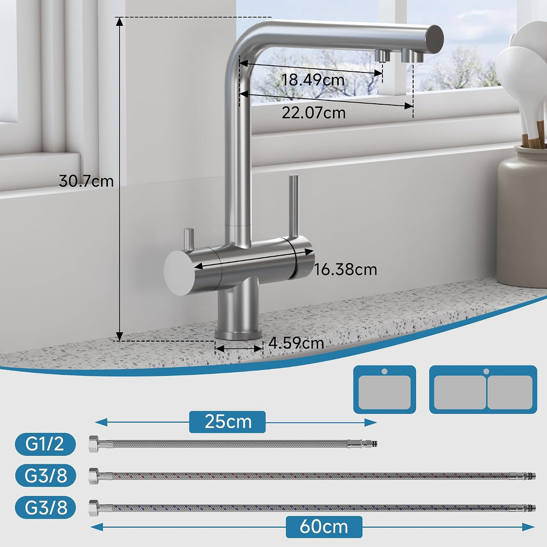 Wasserhahn Küche 3 Wege, 360° Drehbar Küchenarmatur, 3 in 1 Mischbatterie für Wasserfilter, Trinkwas