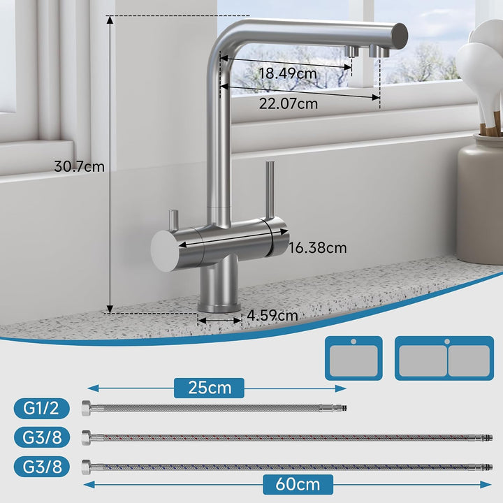 Wasserhahn Küche 3 Wege, 360° Drehbar Küchenarmatur, 3 in 1 Mischbatterie für Wasserfilter, Trinkwas