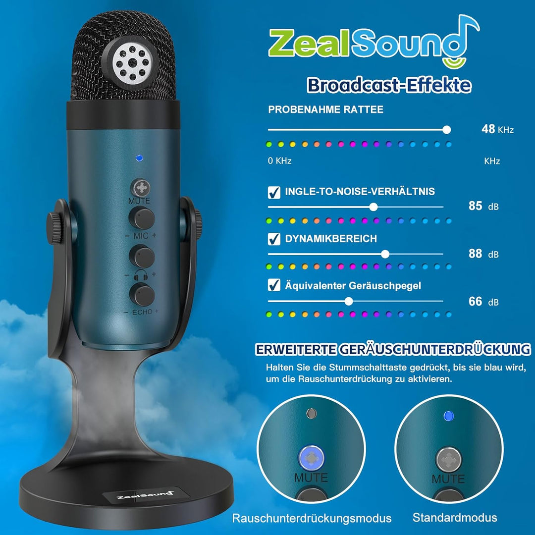 zealsound Mikrofon PC, USB Kondensatormikrofon Gaming für Mac Handy, PS4/5, Studio Mikrofone mit Stu