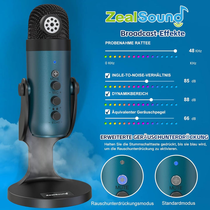 zealsound Mikrofon PC, USB Kondensatormikrofon Gaming für Mac Handy, PS4/5, Studio Mikrofone mit Stu