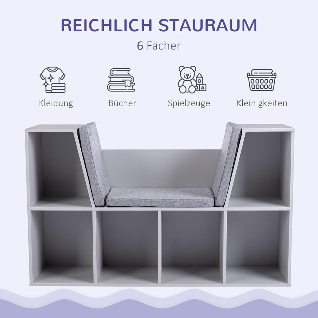 HOMCOM Bücherregal Kinder Kinderregal mit Sitzhocker 6 Fächern 3 Kissen Spielzeugregal Kinderbücherr
