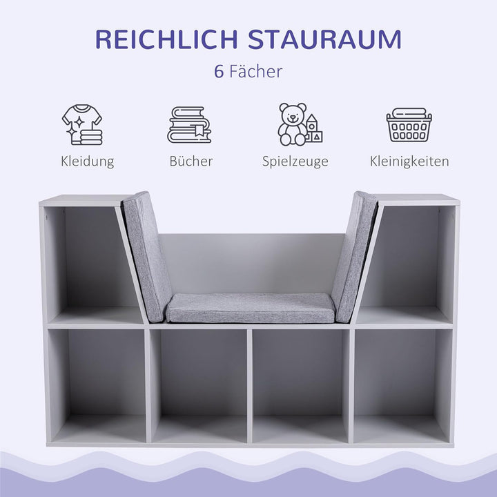 HOMCOM Bücherregal Kinder Kinderregal mit Sitzhocker 6 Fächern 3 Kissen Spielzeugregal Kinderbücherr