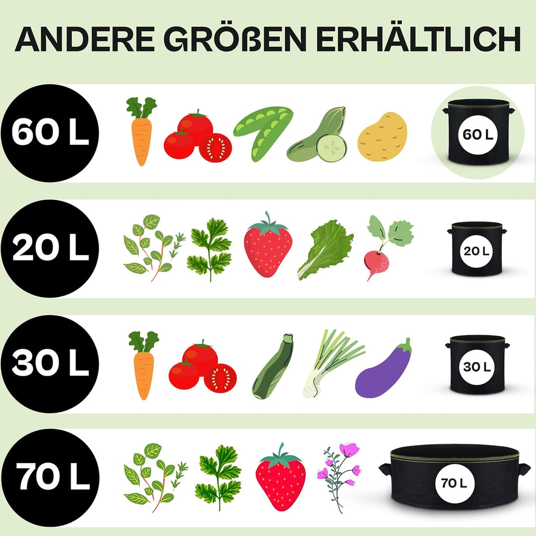 Praknu Pflanzsack 60l - 3 Kartoffelsack Gross aus Vliesstoff mit Pflanzenstecker zum Beschriften -mi