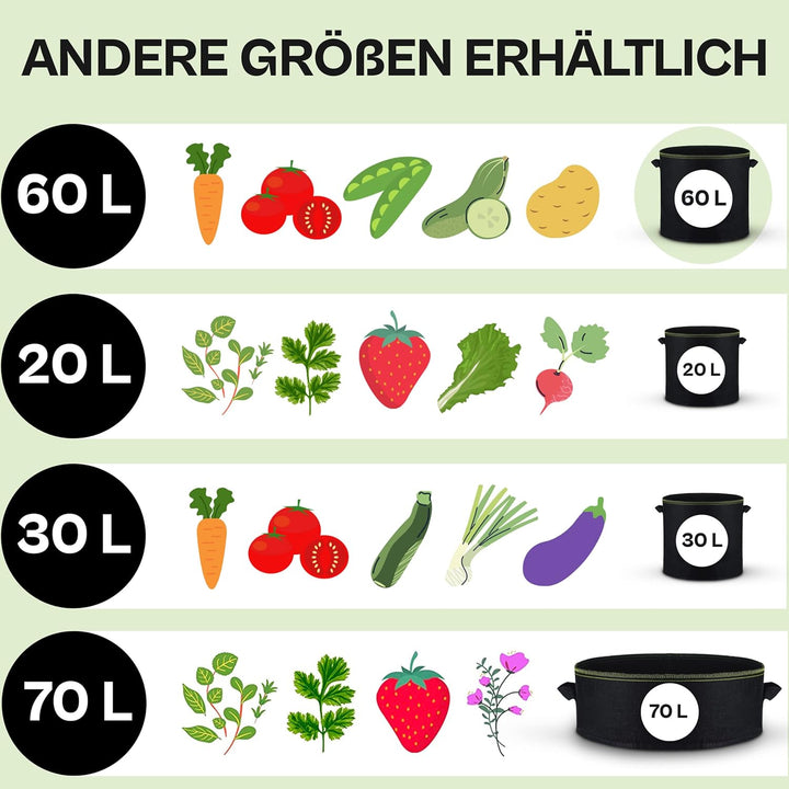 Praknu Pflanzsack 60l - 3 Kartoffelsack Gross aus Vliesstoff mit Pflanzenstecker zum Beschriften -mi