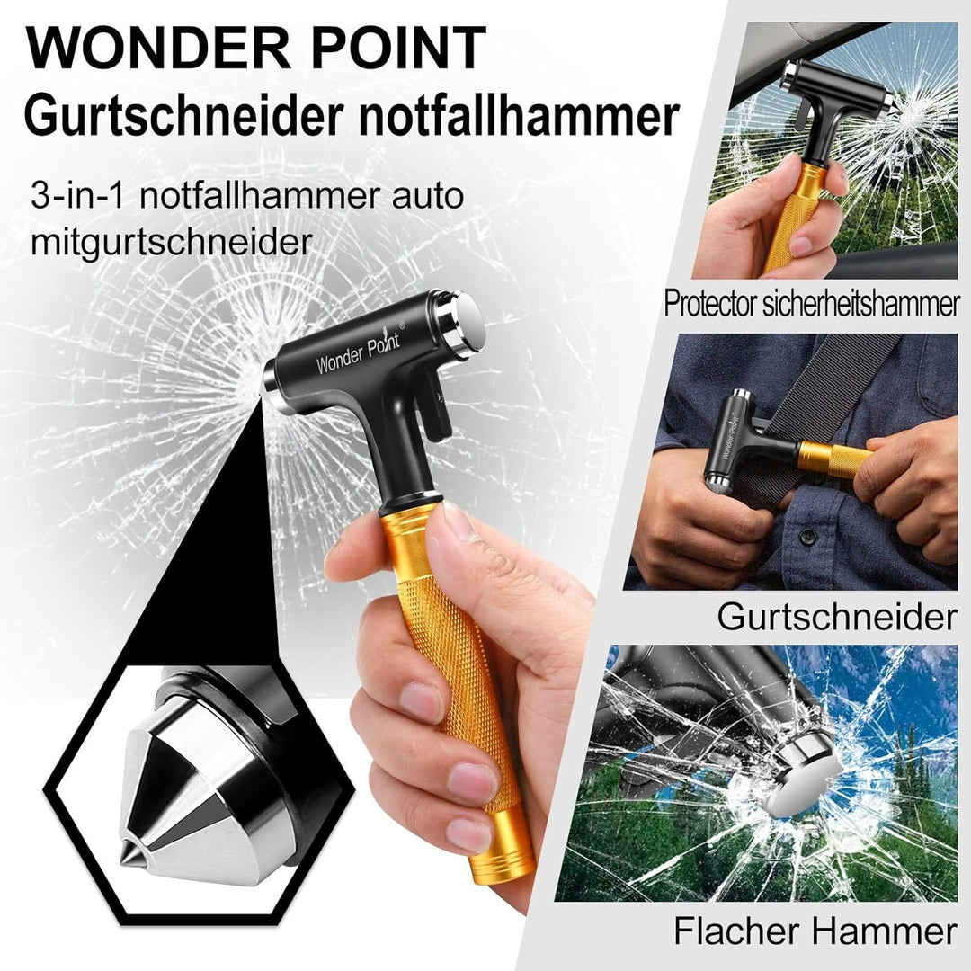 WONDER POINT Premium Auto Sicherheitshammer, Notfall-Fluchtwerkzeug Mit Autofensterbrecher Und Siche