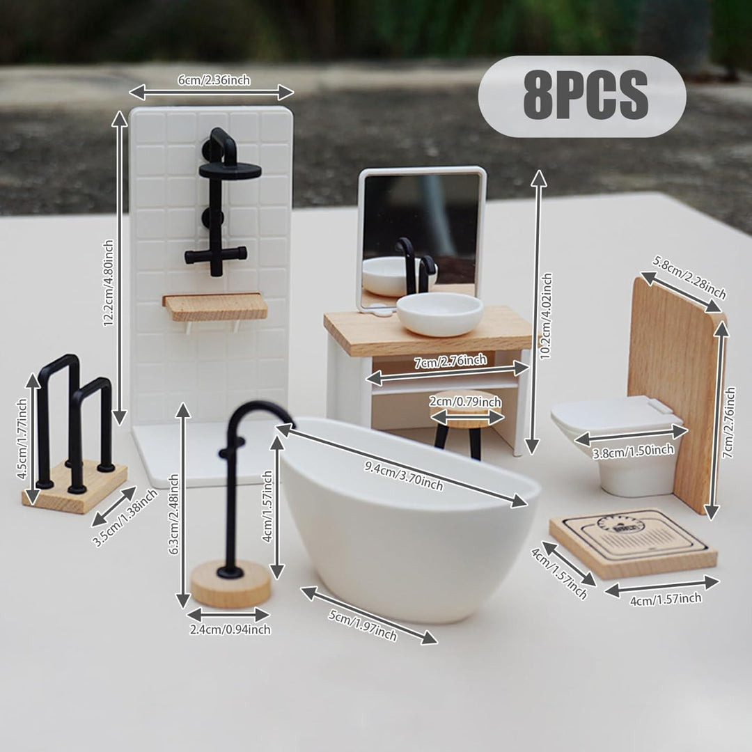 Puppenhaus-Badezimmer-Set, 8-teilig, Massstab 1:12, realistische Miniatur-Toiletten-Badezimmermöbel