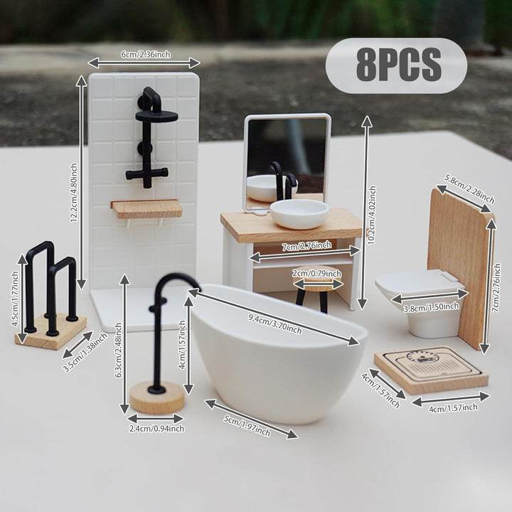 Puppenhaus-Badezimmer-Set, 8-teilig, Massstab 1:12, realistische Miniatur-Toiletten-Badezimmermöbel