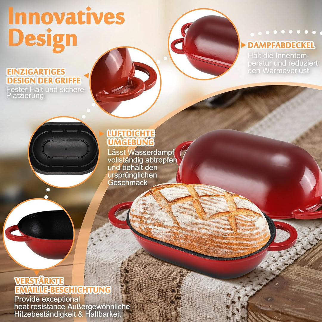 NSIRONS Gusseisen Brotbackform mit Deckel, 23 cm Emaille Gusseisen Topf Brot Backen, Bräter mit Deck