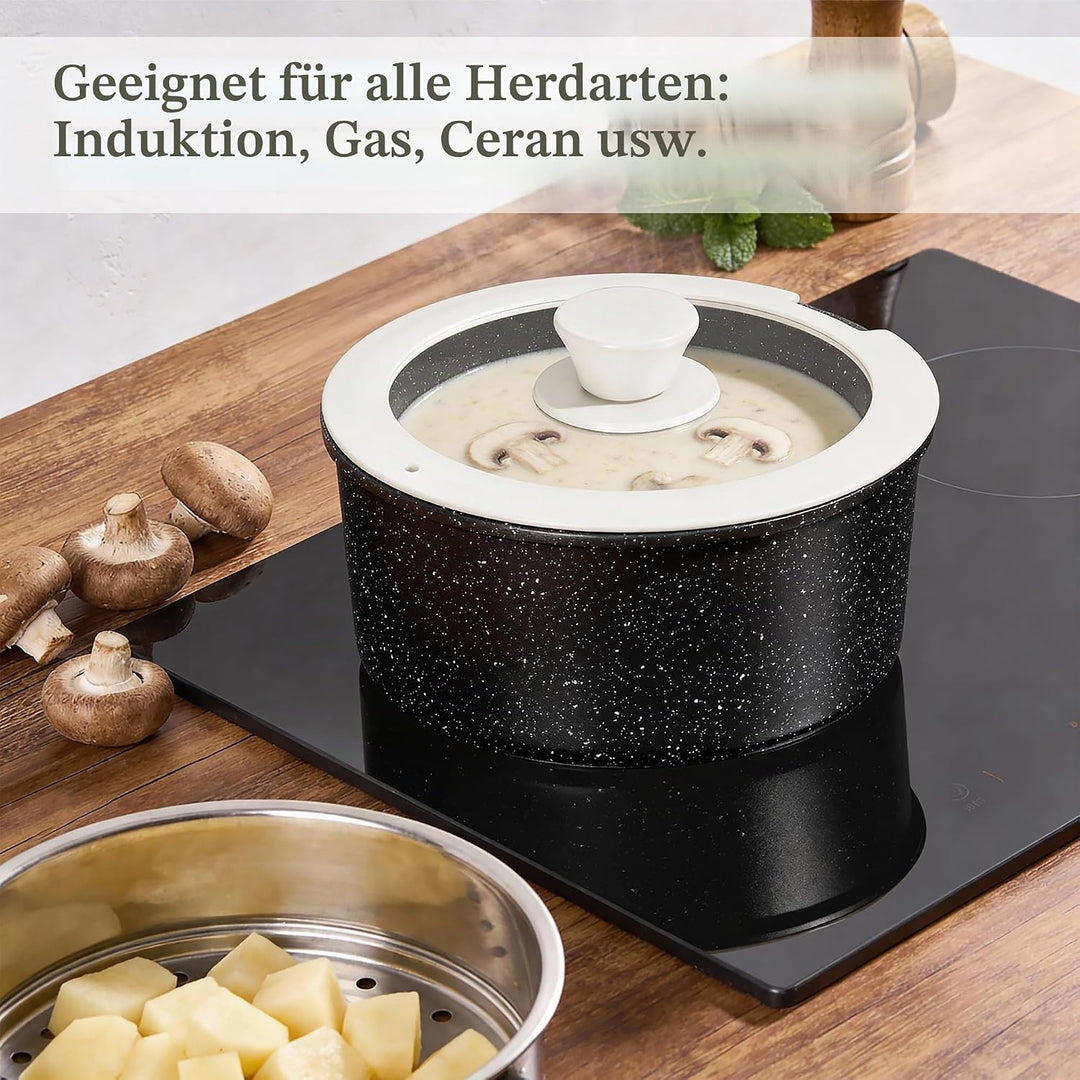 RIOVARM Induktion Töpfe und Pfannen Set mit abnehmbaren Griffen, Antihaft Bratpfanne mit Deckeln, Om