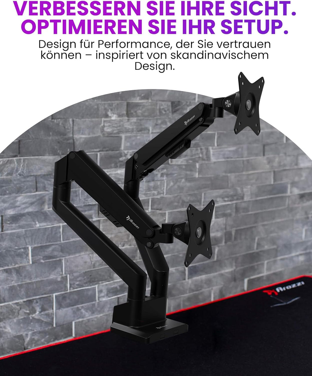Arozzi Alzare Neo Duo Monitorarm mit Gasfeder - 2 Arme, für 43–86 cm Monitore, VESA 75/100, 360° dre