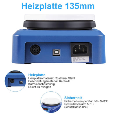 Labor Magnetrührer Heizplatte 135mm 100-1500rpm 280°C 5L LED-Display Magnetic Stirrer Mixer Magnetmi