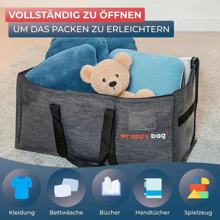 WRAPPYBAG im 6er Pack Grosse Kunststoff-Aufbewahrungstaschen – XXL-Taschen für Umzug &amp; Reise – Stabi