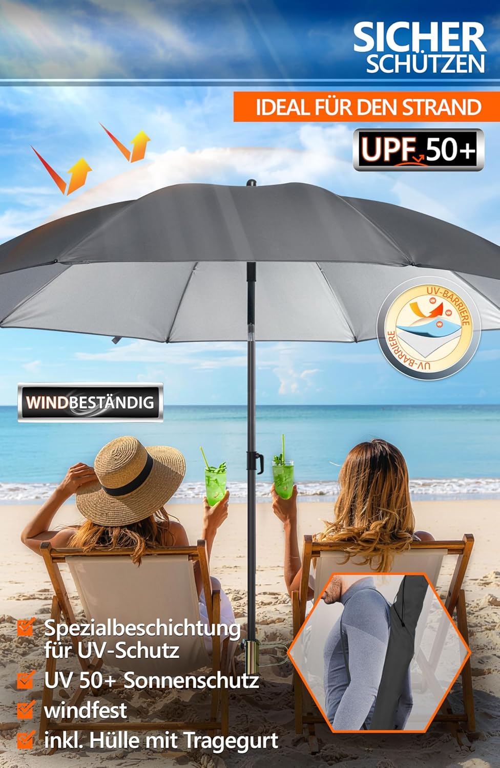 4smile Sonnenschirm Strand SunnyJoy, Anthrazit – 3er Set inkl. Strandschirm windfest stabil, Rasendo