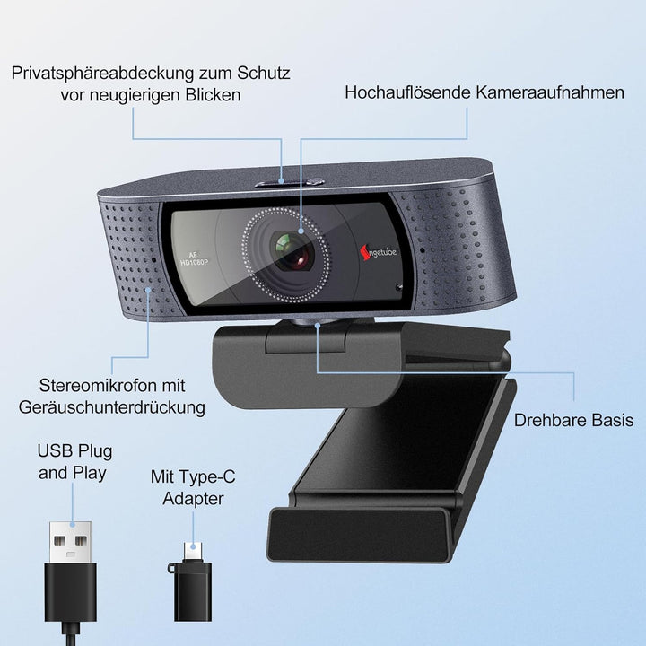 Angetube Webcam mit Mikrofonen - 1080P PC Webcam für Streaming, Autofokus PC Kamera mit eingebauter