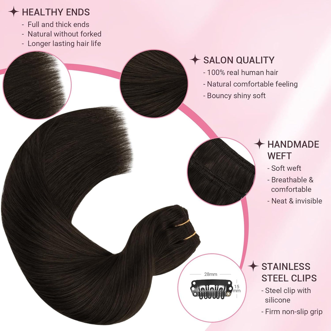 MAXITA Echthaar Extensions Clip, 40cm 16 Zoll 120g 7 Stück Dunkelbraun Clip in Extensions Echthaar N