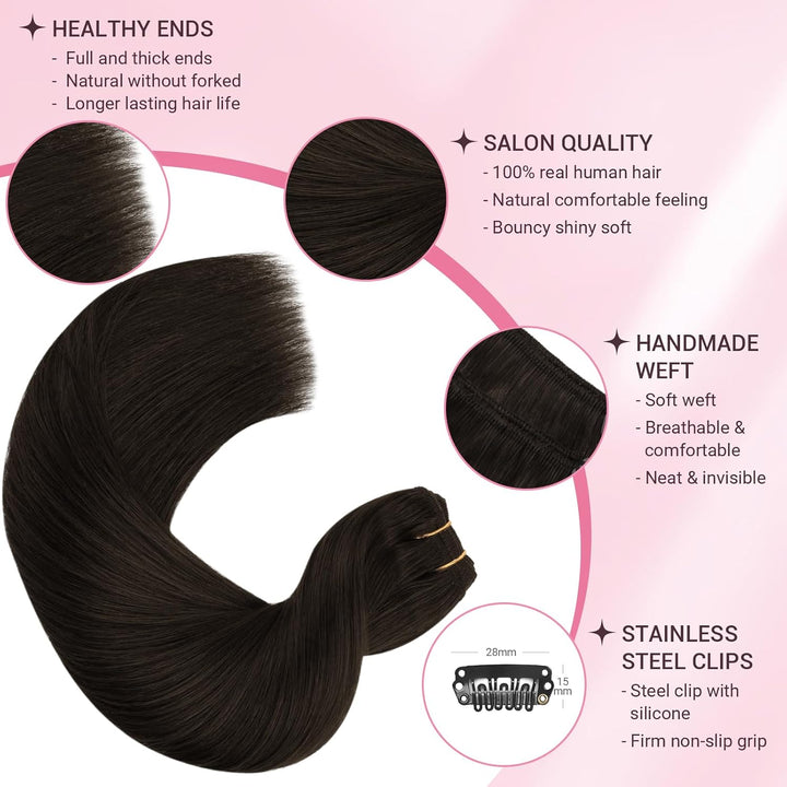 MAXITA Echthaar Extensions Clip, 40cm 16 Zoll 120g 7 Stück Dunkelbraun Clip in Extensions Echthaar N