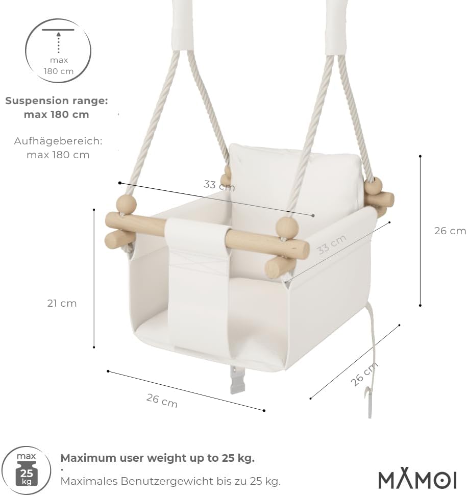 MAMOI® Babyschaukel Kinderschaukel Holz + SICHERHEITSGURT, Schaukel für Kinder Garten Indoor Outdoor
