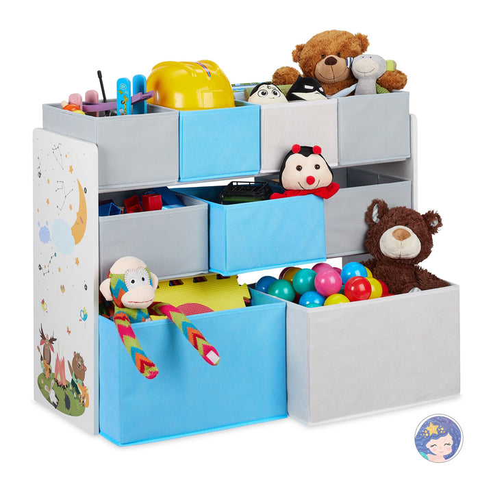 Relaxdays Kinderregal mit 9 Stoffboxen, Lagerfeuer Kindermotiv, Spielzeugregal Organizer HBT 66 x 82