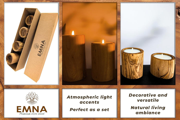 EMNA - 4er Set Teelicht-Halter aus luxuriösem Oliven-Holz | Höhe ca. 4, 6, 8, 10 cm | Inklusive Gesc