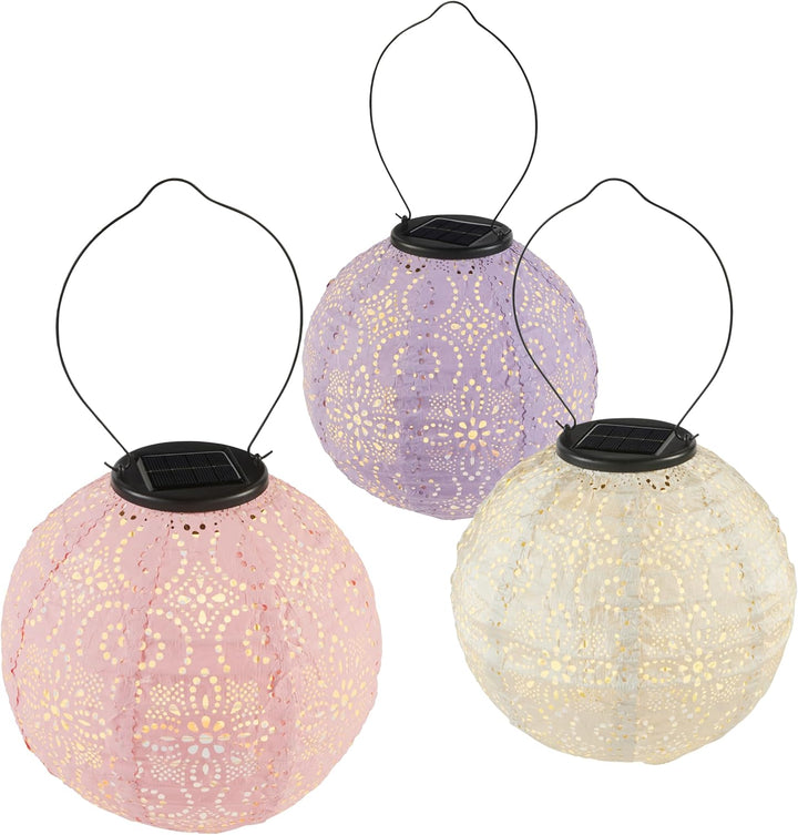 Lights4fun 3er Set Tyvek LED Pastellfarbene Solar Lampions Altrosa Violett Weiss Marokkanische Later