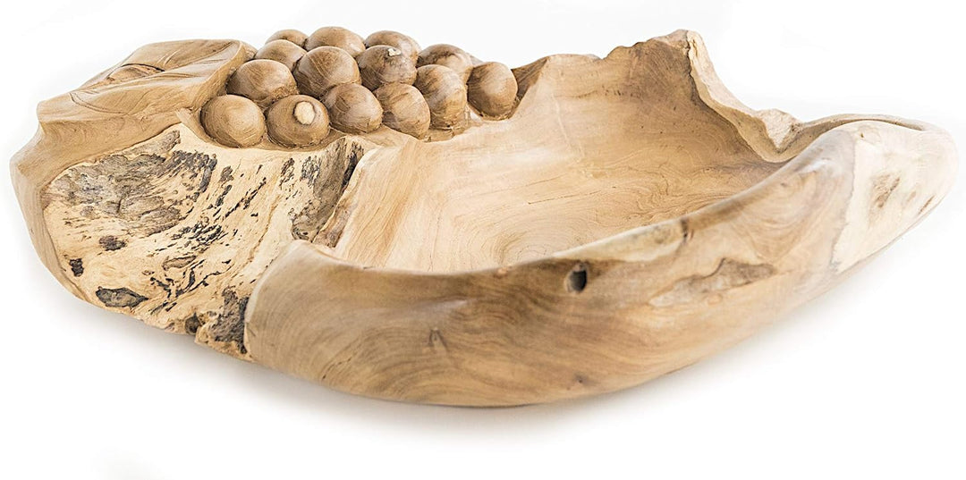 WINDALF Handmade Teakwurzelholz-Obstschale ZEA 37 cm Weintrauben mit Blatt Bohemian Holzschale Handa