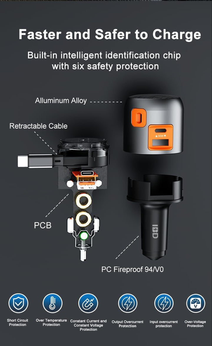 Zigarettenanzünder Ladegerät USB C Retractable 60W PD QC 3.0 Autoladegerät Compact Quick Charge Komp