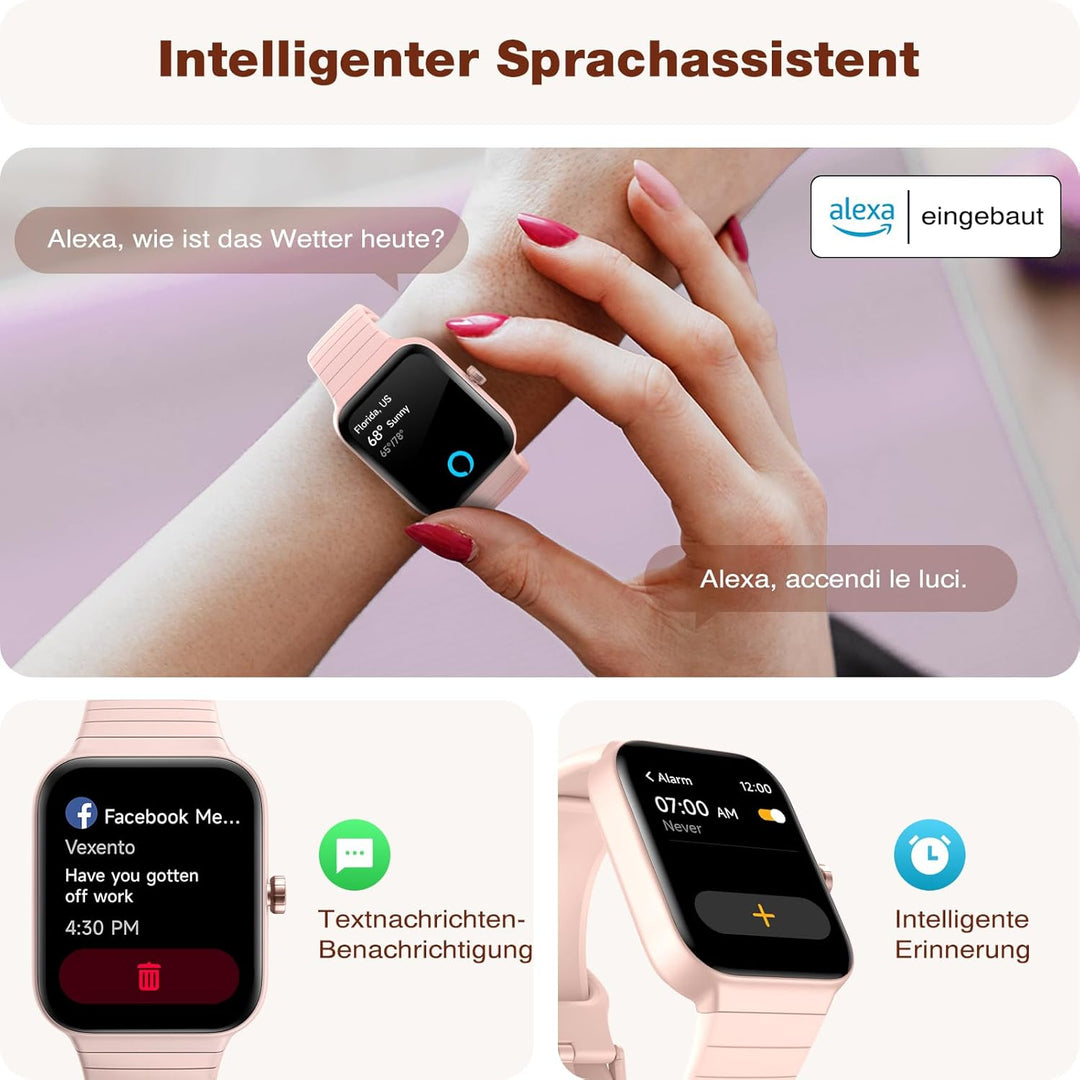 Smartwatch Damen mit Telefonfunktion Alexa Integriert - Fitnessuhr 100+ Sportmodi - Armbanduhr 1,8 Z