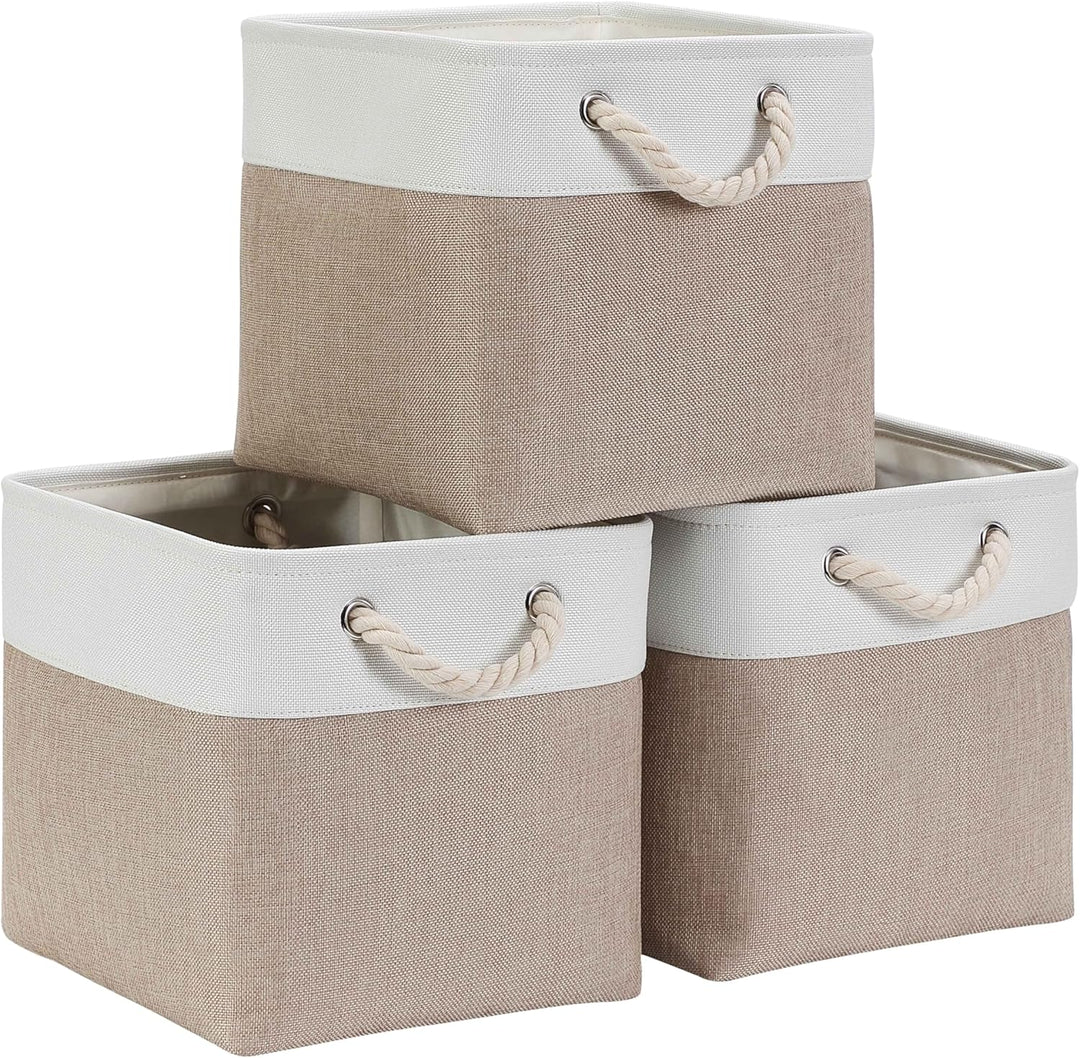 Mangata Aufbewahrungsbox Stoff, aufbewahrungskorb Helles Khaki Weiss, Korbe Stoff in Würfel (25x25x2