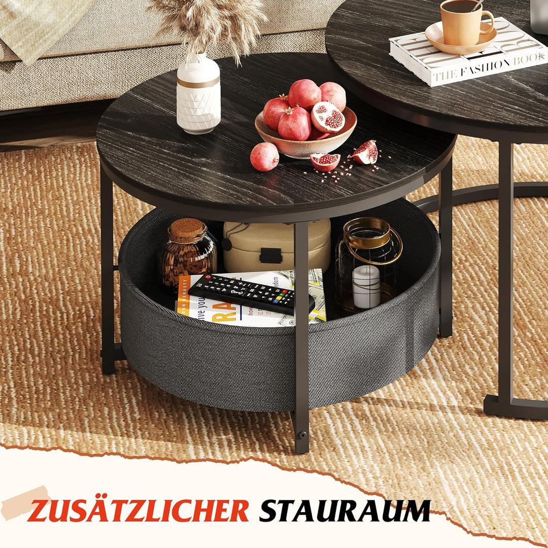 WLIVE Couchtisch Rund 2er Set, Beistelltisch mit Stoffkorb, Satztische Wohnzimmertisch mit Metallrah