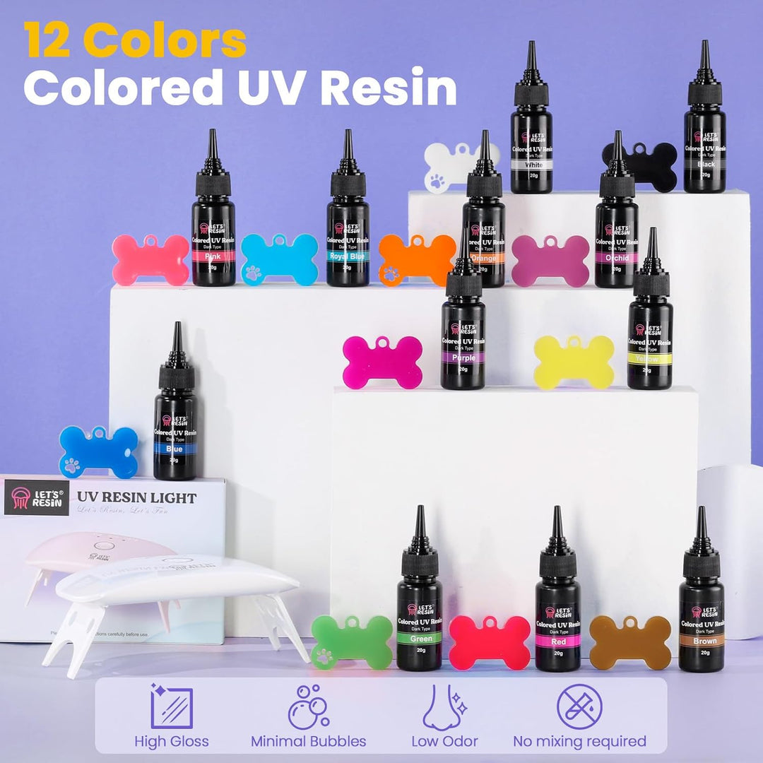 LET'S RESIN UV Resin Set mit UV Lampe, 12 Farben UV Resin mit Silikonformen, UV Harz mit Lampe, für