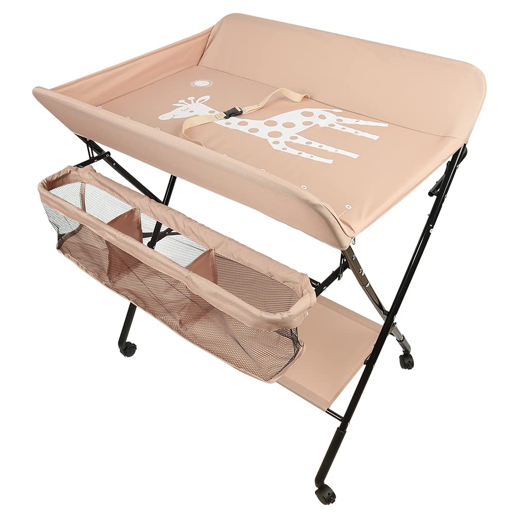 OHMG Baby Wickelkombi Klappbare Wickelkommode,Wickeltisch mit Rollen,Mobiler Wickeltisch mit Wickela