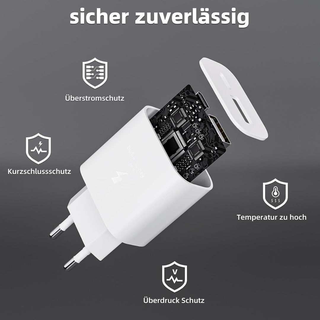 USB C Ladegerät, 2er Pack 25W 2-Port USB-A & USB-C Adapter Schnellladegerät Netzteil für iPhone 17/1
