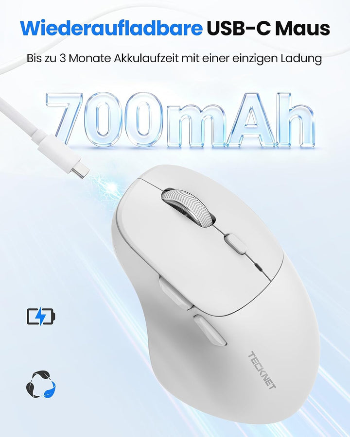 TECKNET Bluetooth Maus Wiederaufladbar, Ergonomische Daumenauflage | Tri-Modi: BT5.0/3.0 + 2.4G, 480