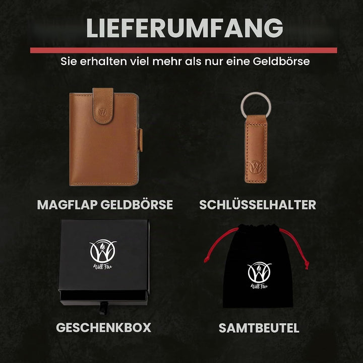 WillFire® MagFlap | Geldbörse Herren | Extra Schlüsselanhänger | Leder Kartenetui für 10-12 Karten |