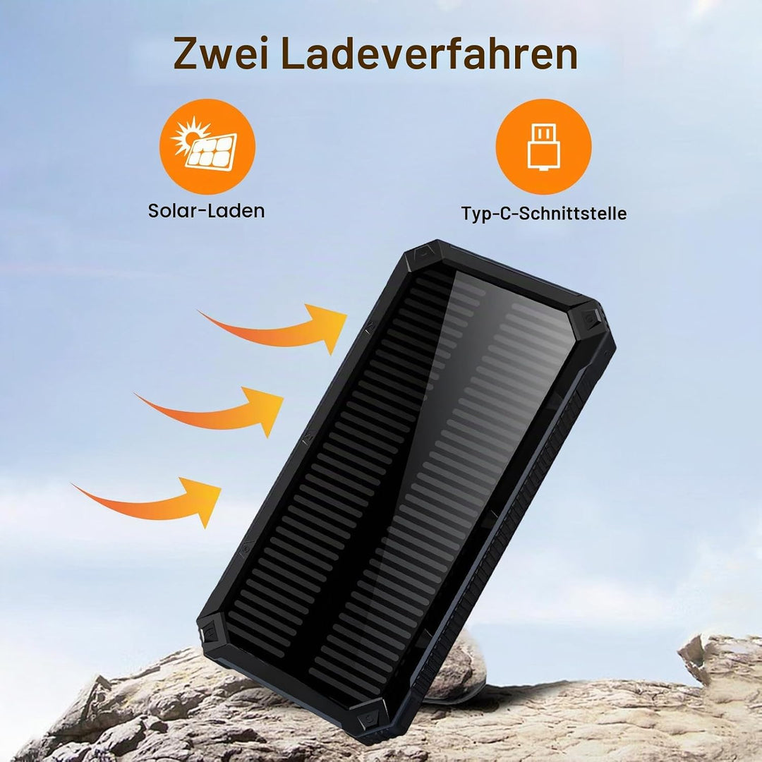 Solar Power Bank 20000mAh,Wasserdichtes Tragbares Powerbank Solarpanel mit 2 USB-Anschlüssen 1 Typ-C