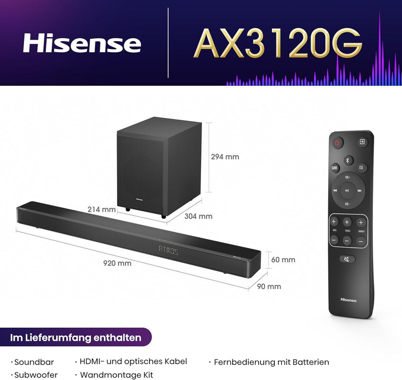 Hisense AX3120G 3.1.2 Soundbar mit kabellosem Subwoofer, 360W, Dolby Digital Plus, Dolby Atmos, Blue