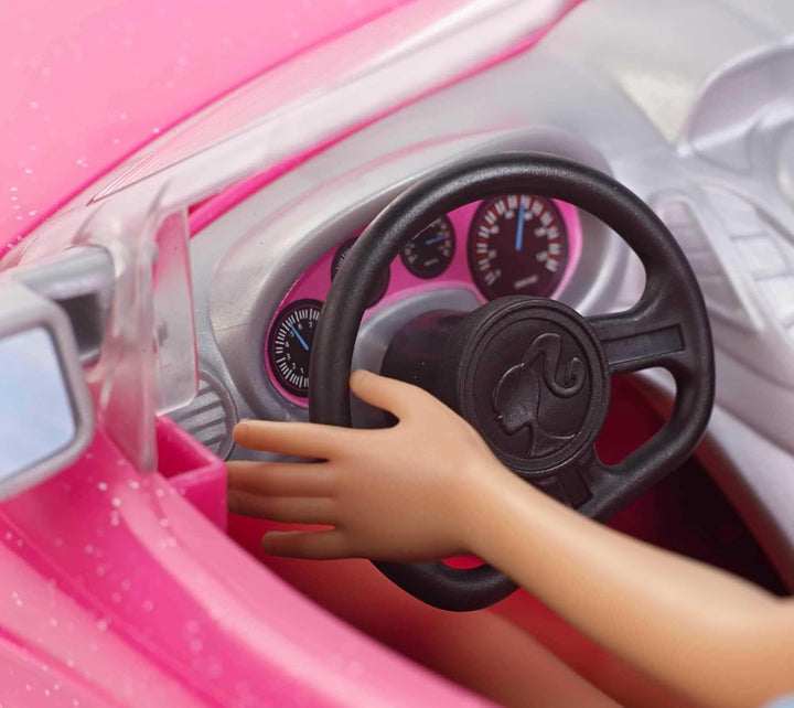 Barbie Puppe und Cabrio in rosa mit Glitzer, realistische Reifen und Barbie Logo, Spielzeug ab 3 Jah