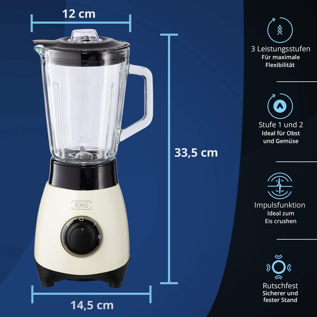 KHG Mini Standmixer 250 Watt mit 0,8 Liter Glasbehälter, Creme, 4-fache 3D Edelstahlklingen, 2 Gesch