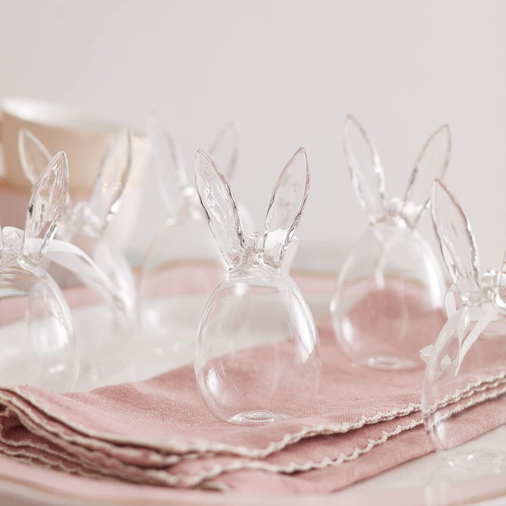 Lights4fun 6er Set Ostereier mit Hasenohren aus Glas Transparent Osterdeko