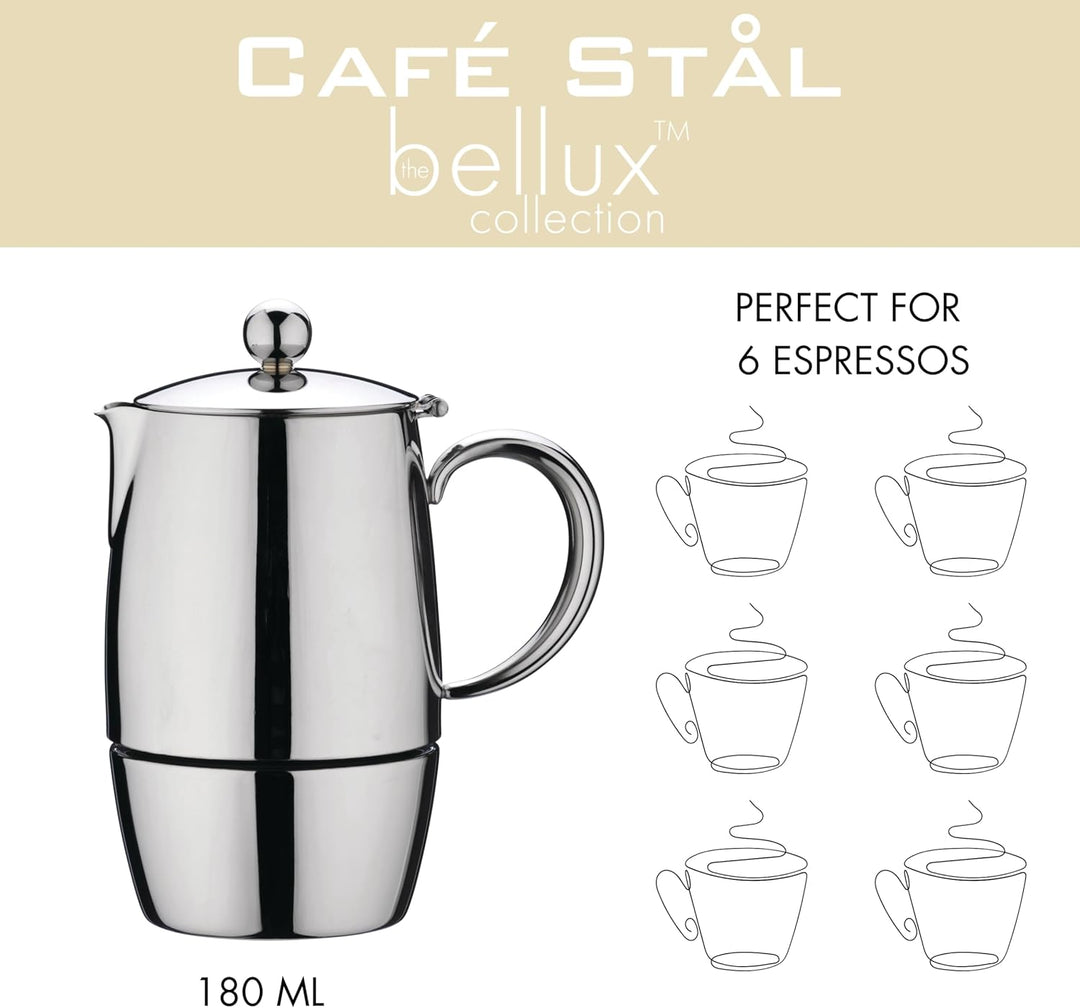 Café Stål BEC-06M Bellux Espresso Kaffeekocher aus 18/10 Edelstahl – 6 Mokkatassen, 280 ML 280ML, 28