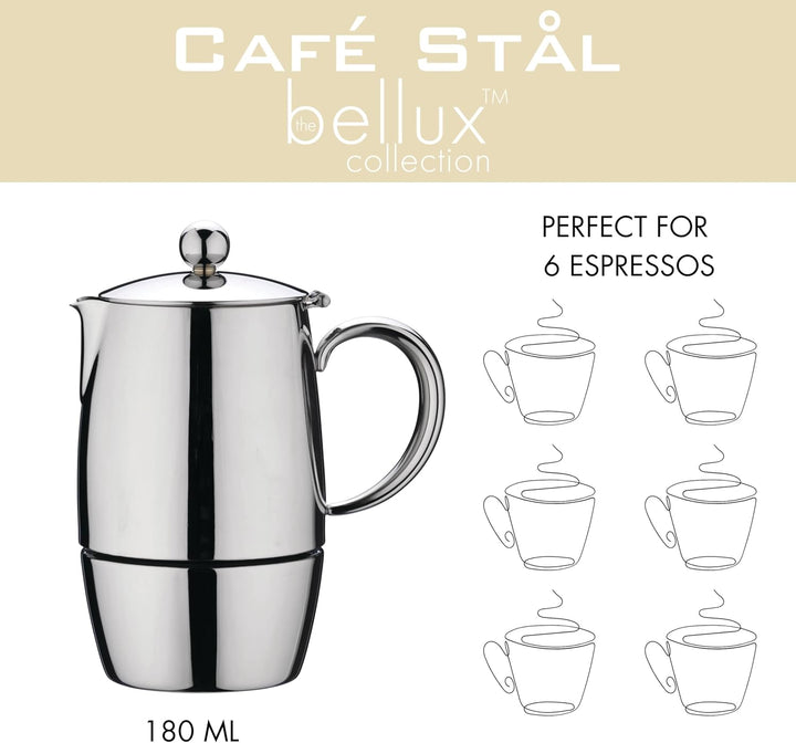 Café Stål BEC-06M Bellux Espresso Kaffeekocher aus 18/10 Edelstahl – 6 Mokkatassen, 280 ML 280ML, 28