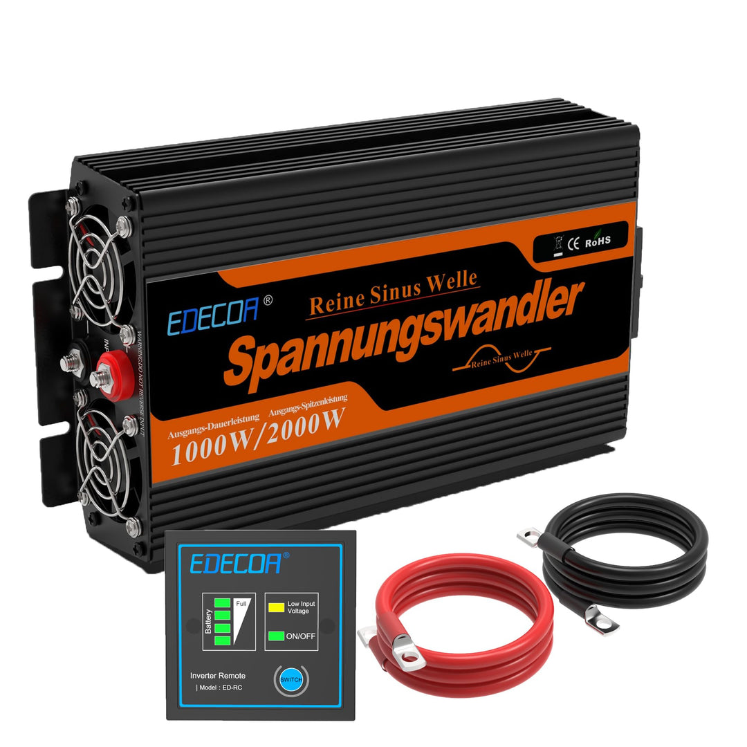 EDECOA Wechselrichter Reiner Sinus 12v 230v Spannungswandler 1000w 2X USB und Fernbedienung Auto wec