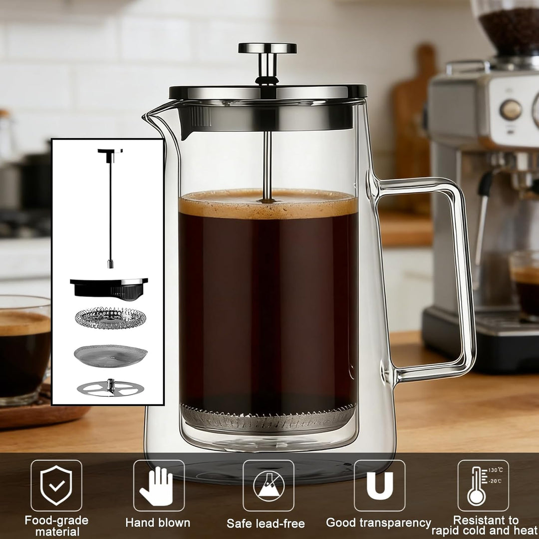 BORDEAG Kaffeebereiter Glas, 113 x 102 x 220mm French Press Edelstahl, French Press 1 Liter, Kaffeep